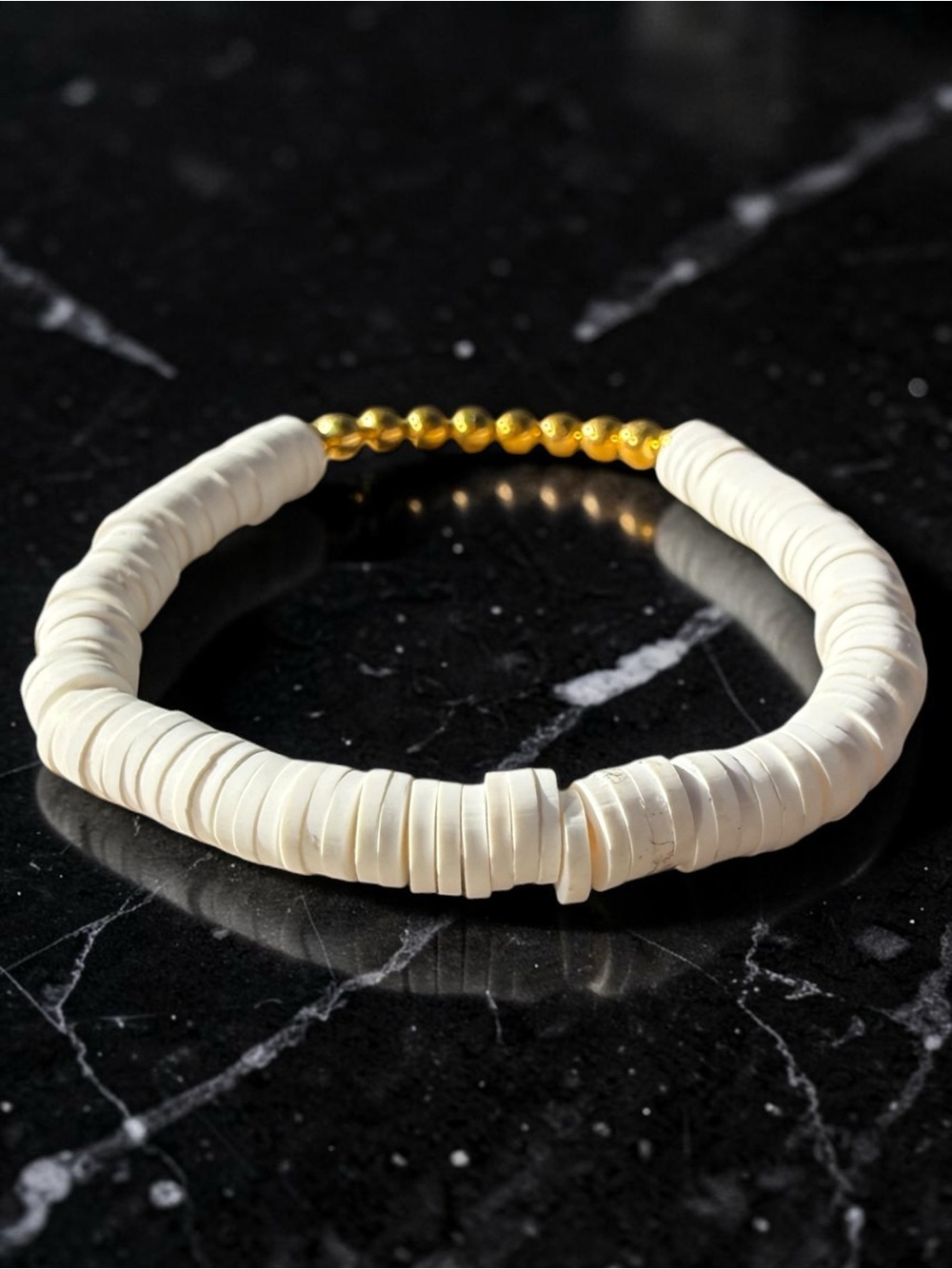 White Clay Heishi Bead Stretch Bracelet Boho Coastal Gold Accent Disc Stackable - Picture 7 of 8